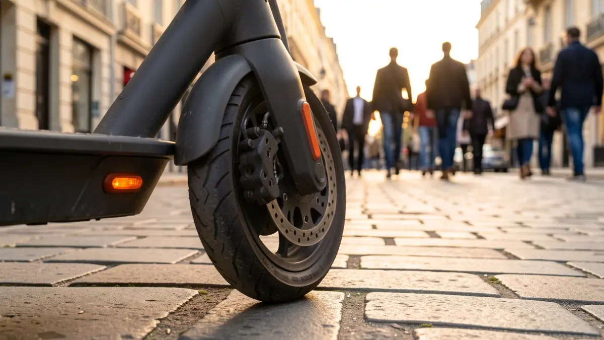 Image générique d'une roue de scooter électrique garée sur un trottoir pavé, lumière chaude du soir, environnement urbain français.