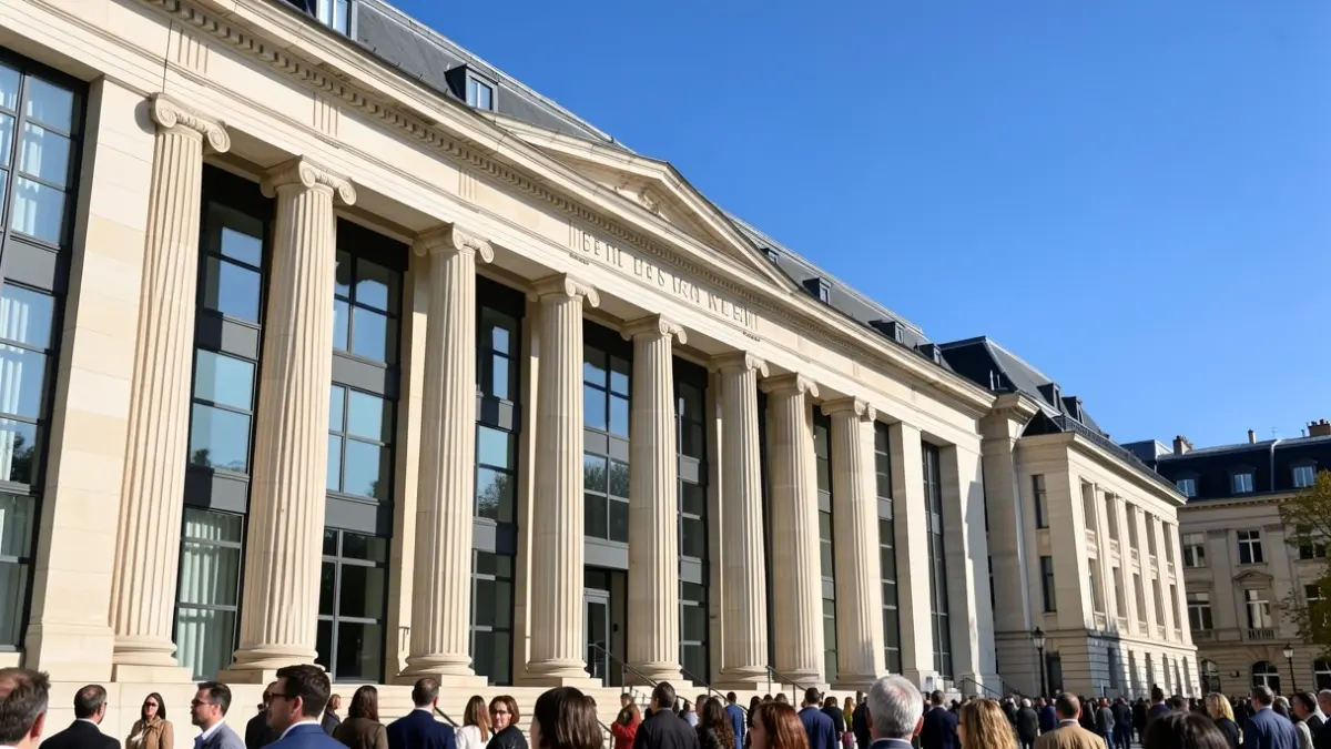 Image générique d'une façade de tribunal moderne en France, avec des colonnes et des fenêtres, sous un ciel bleu.