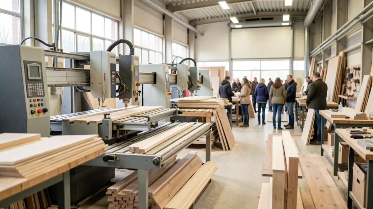 Atelier de menuiserie industrielle à Lizy-sur-Ourcq, Seine-et-Marne, avec machines CNC et panneaux de bois.