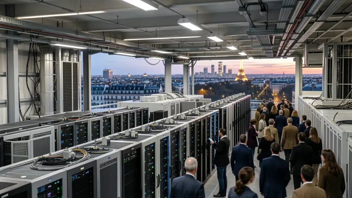 Intérieur d'un centre de données moderne avec des rangées de serveurs et la skyline de Paris au crépuscule.