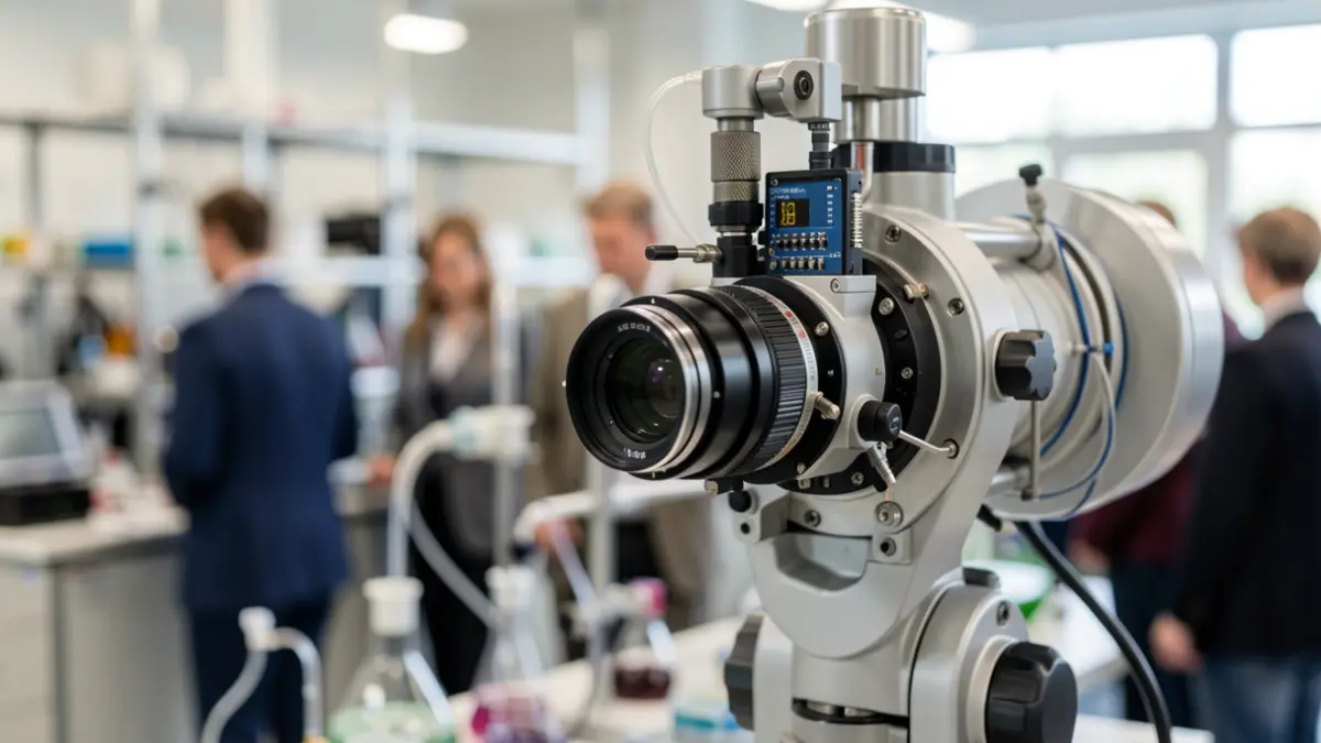 Image générique d'un instrument optique complexe avec des composants mécaniques et électroniques, dans un laboratoire scientifique.