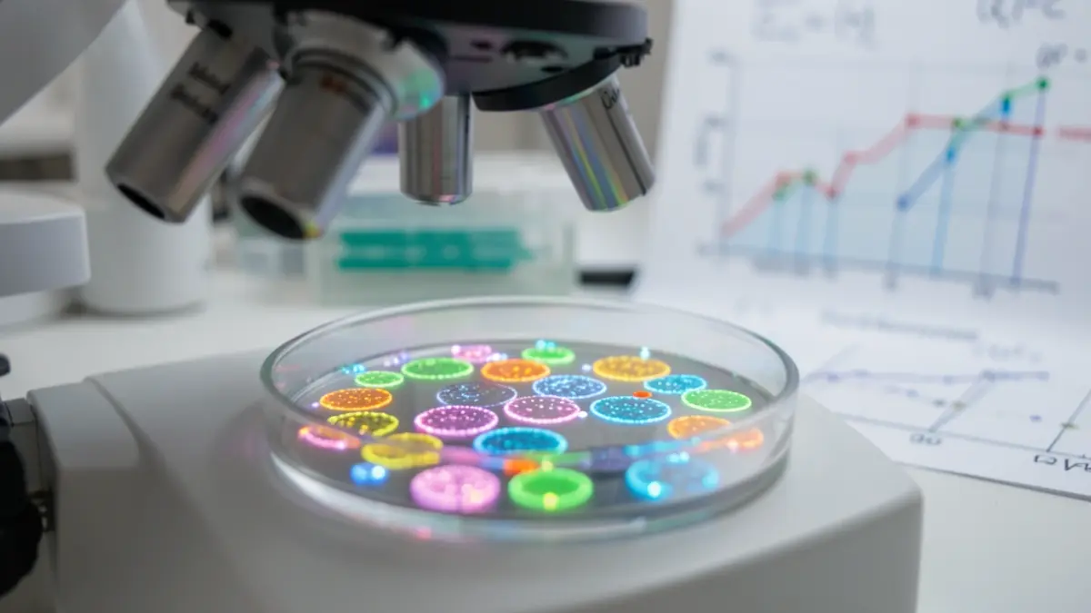 Generic image of petri dishes with glowing bacterial colonies under a microscope, with blurred mathematical equations and statistical graphs in the background.
