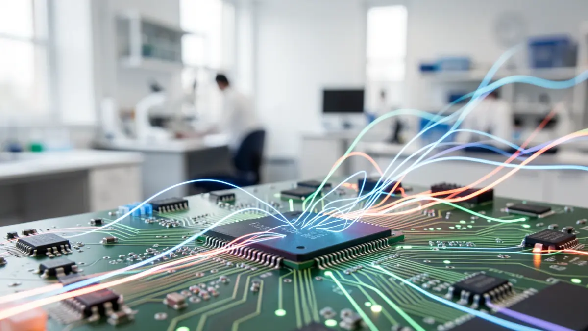 Image générique de circuits imprimés avec des flux de données abstraits, symbolisant la recherche en intelligence artificielle.