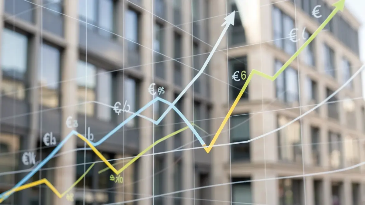 Graphique financier stylisé avec des symboles de devises et un bâtiment de bureau français en arrière-plan.