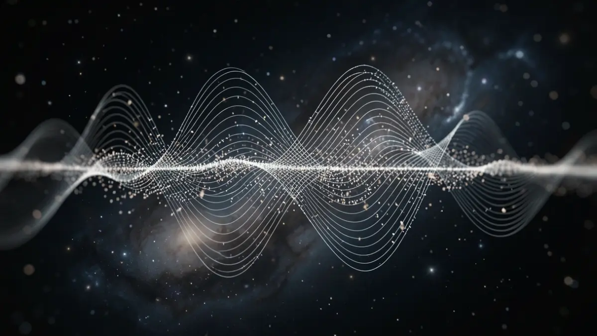 Image générique représentant les concepts de la mécanique quantique, avec des ondes et des particules abstraites dans un fond cosmique.
