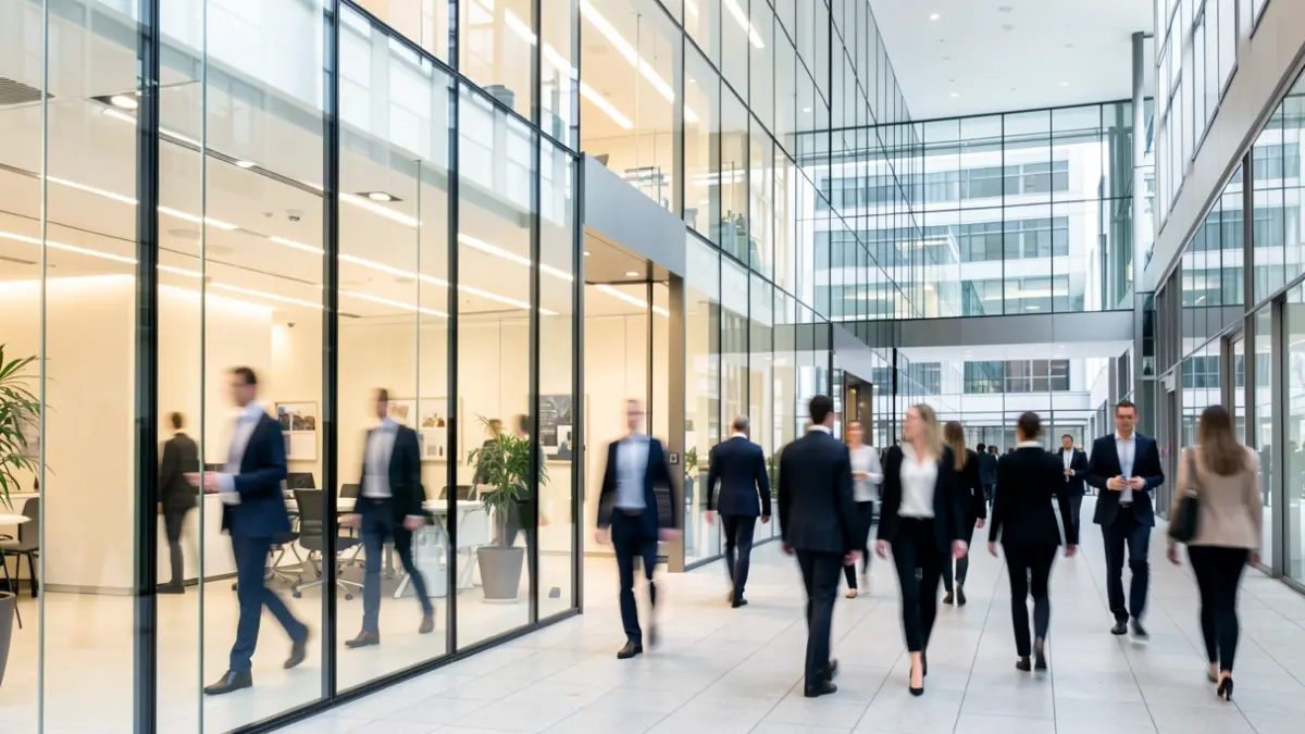 Image générique de l'intérieur d'un centre d'affaires moderne avec des personnes en tenue professionnelle.