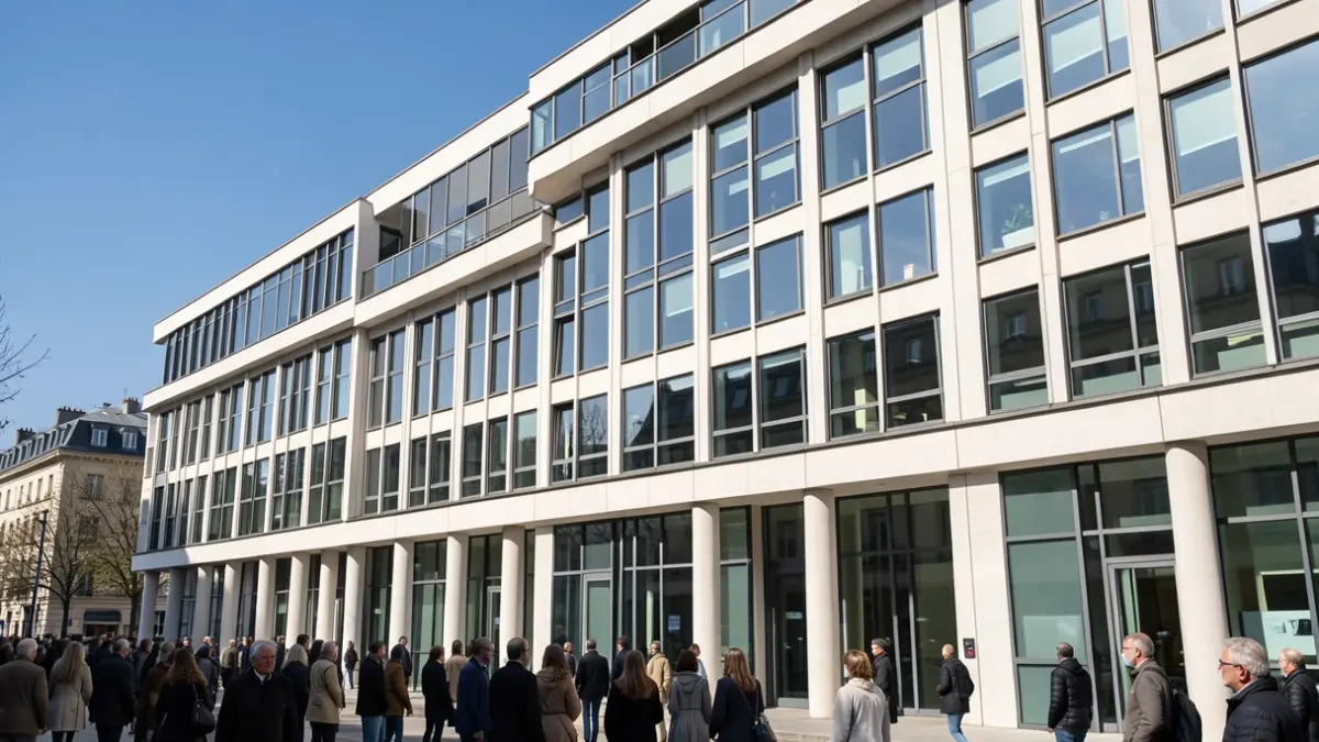 Image générique d'une façade d'immeuble de bureaux moderne dans un environnement urbain français.