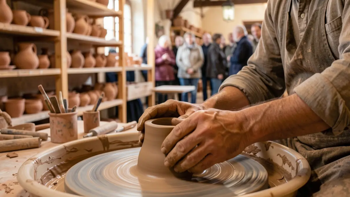 Mains d'artisan travaillant l'argile sur un tour, avec des outils flous et des étagères de poteries en arrière-plan.