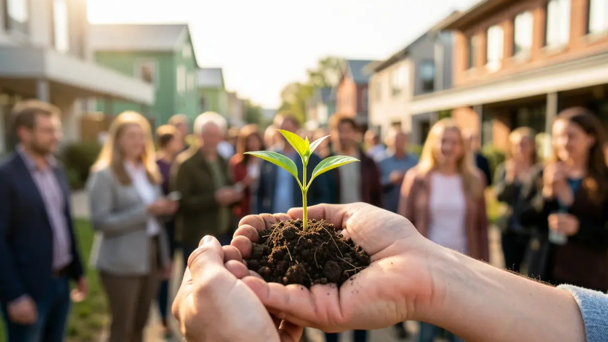 Image générique montrant une main tenant une jeune pousse avec un arrière-plan flou d'initiatives d'économie sociale et solidaire.