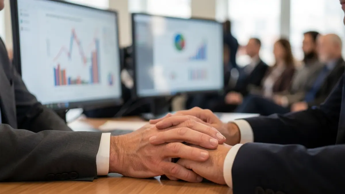 Generic image of a business leader's hands on a desk with blurred economic charts in the background, symbolizing uncertainty.