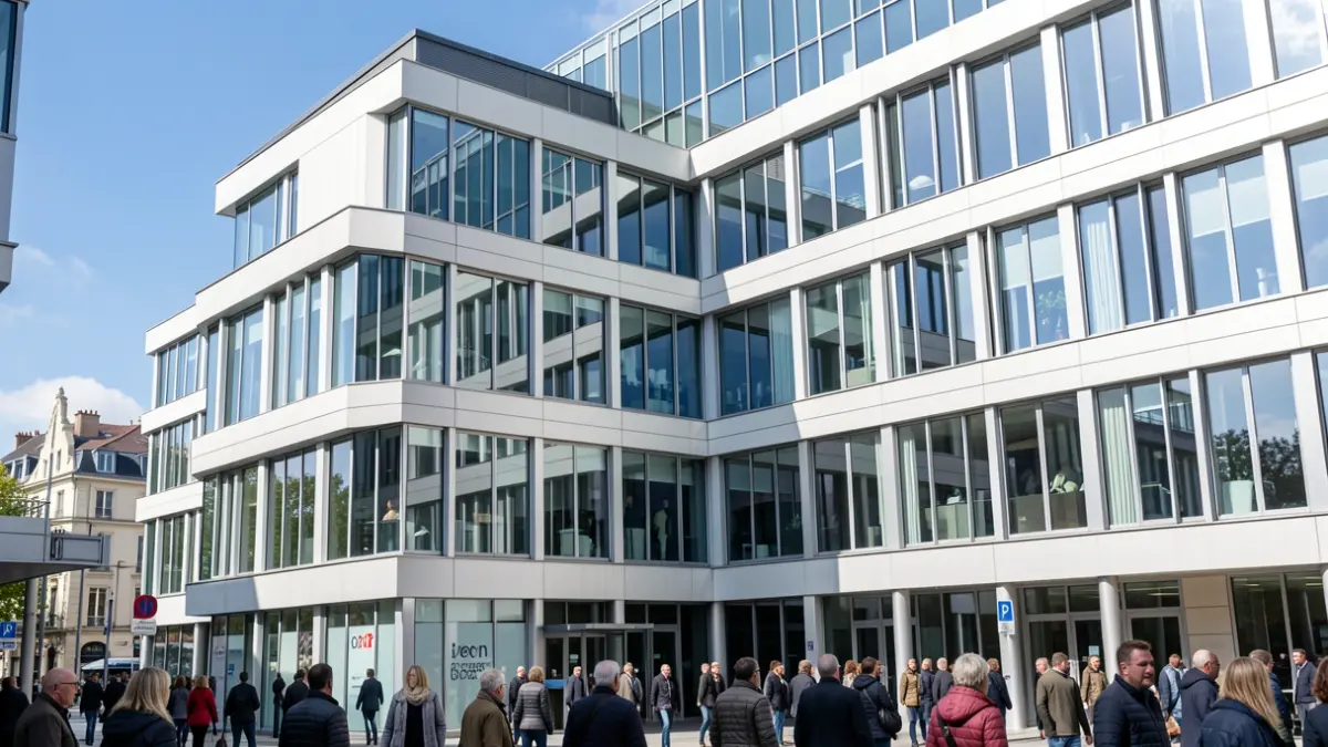 Image générique d'une façade d'immeuble de bureaux moderne en France.