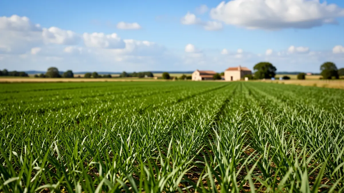Image générique de champs agricoles fertiles en Nouvelle-Aquitaine sous un ciel bleu.