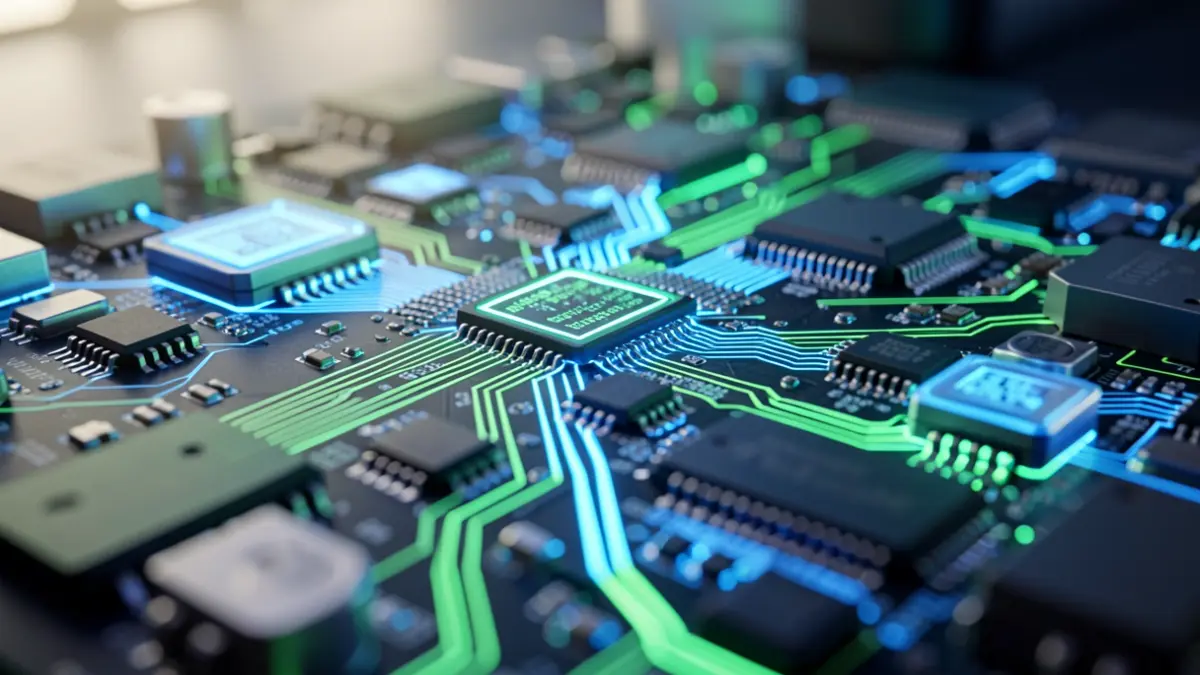 Close-up of a complex electrical circuit board with glowing blue and green components, symbolizing innovation in electric vehicles.