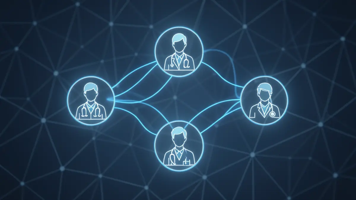 Image générique représentant le flux de données numériques en santé, avec des lignes lumineuses reliant des icônes stylisées de professionnels de santé et de patients sur fond bleu foncé.