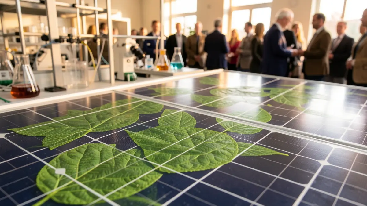 Image générique d'un panneau solaire intégrant des éléments végétaux. Jamais de noms propres. N'affirme jamais que c'est le fait réel.