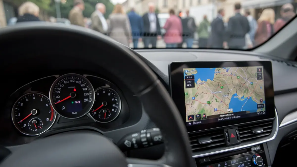 Generic image of a car's dashboard with gauges and a navigation screen.