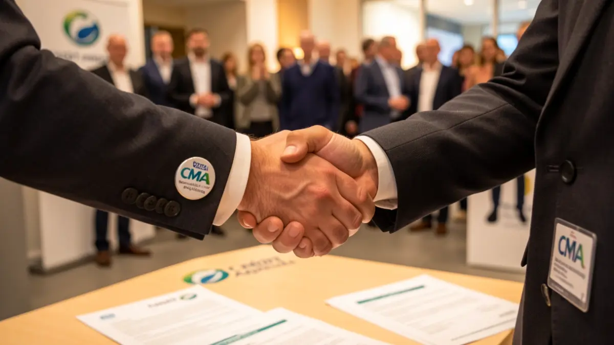 Poignée de main entre un représentant de la CMA Nouvelle-Aquitaine et un du Crédit Agricole lors de la signature d'une convention de partenariat.