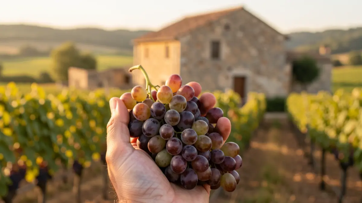 Image générique de grappes de raisin avec un bâtiment en pierre et des vignobles.