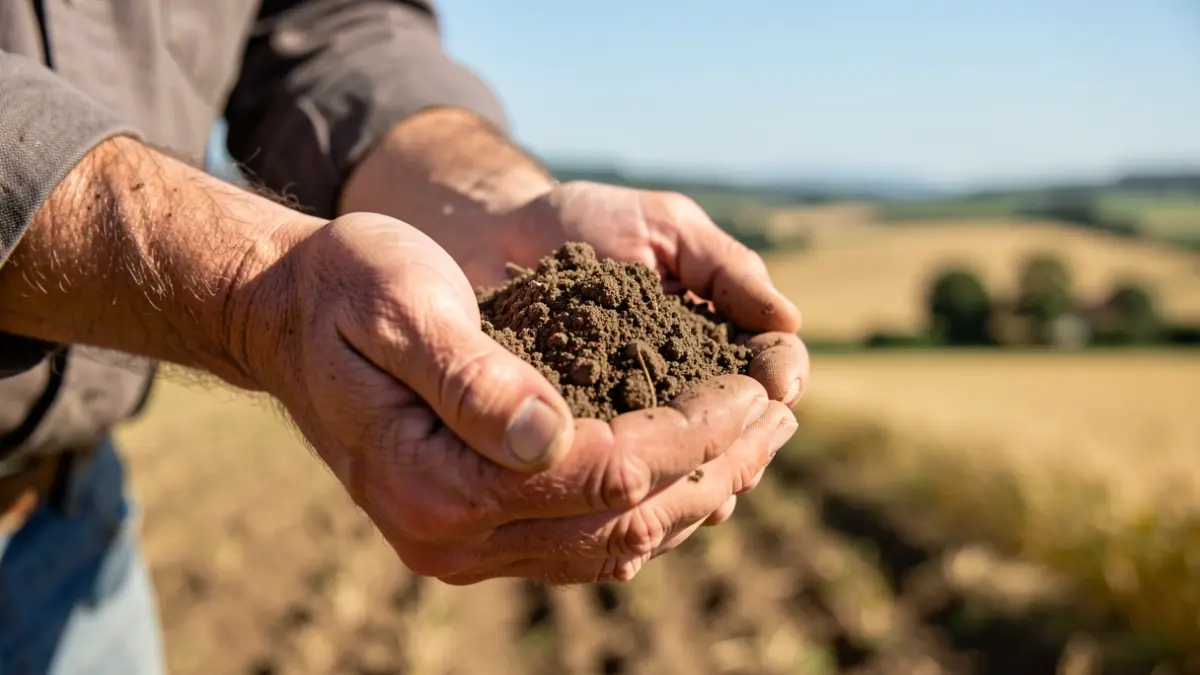 Image générique de mains d'agriculteur tenant de la terre, avec un champ flou en arrière-plan.