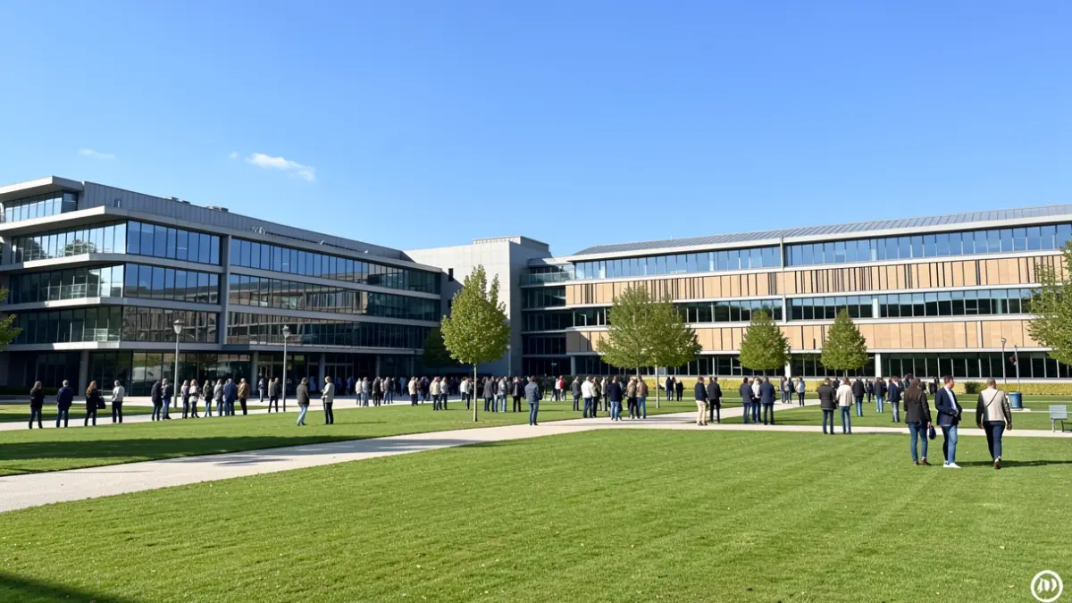 Vue du campus de Polytech Clermont avec des bâtiments à l'architecture moderne, des pelouses vertes et un ciel bleu clair, symbolisant la collaboration académique et les échanges internationaux.
