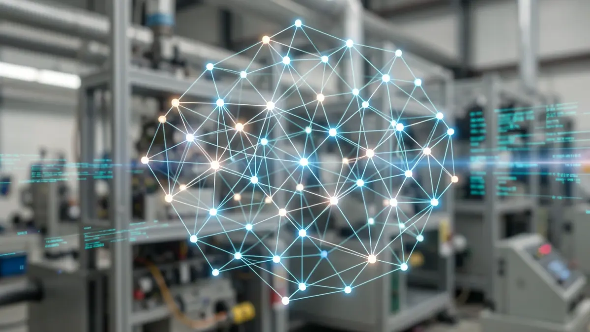 Image générique d'un diagramme de réseau neuronal IA complexe avec des nœuds lumineux et des connexions, sur un fond flou de machinerie industrielle et de flux de données.