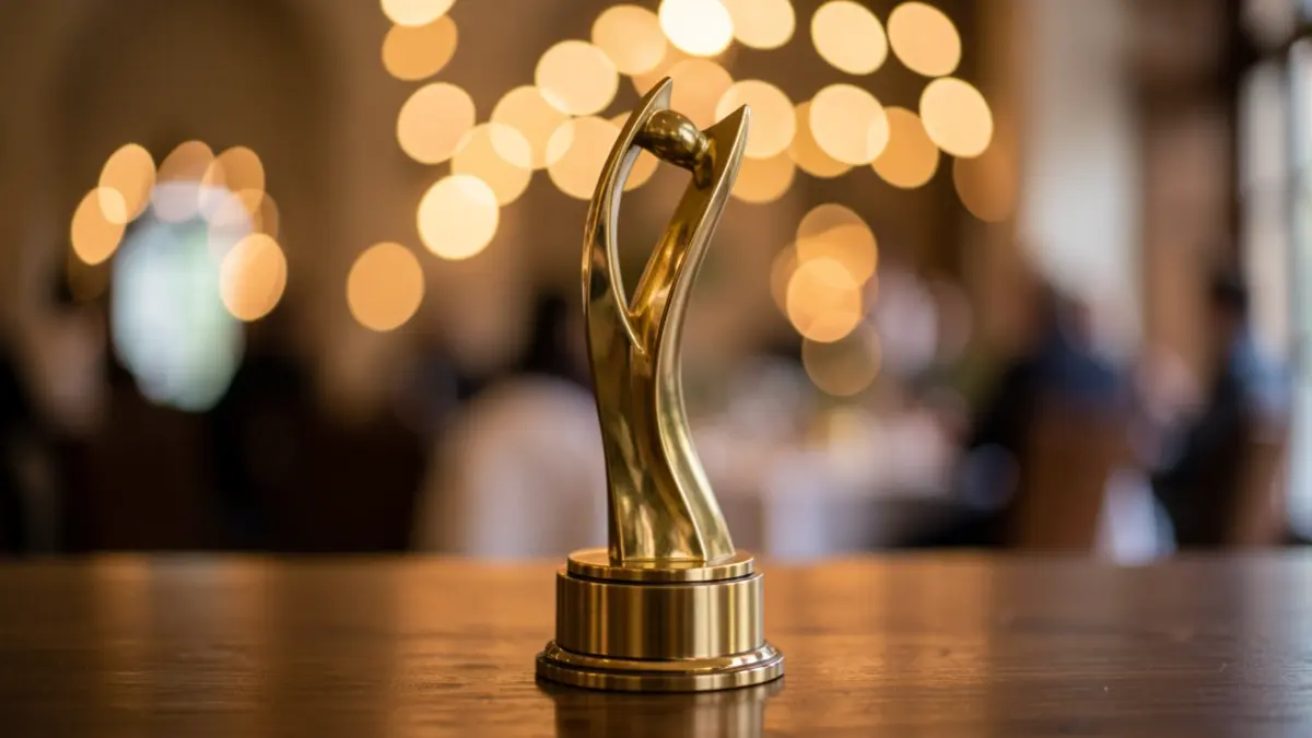 Image générique d'un trophée de récompense doré sur fond flou.