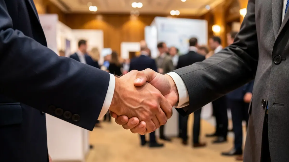 Image générique d'une poignée de main lors d'un événement professionnel, avec un arrière-plan flou de participants et de stands.