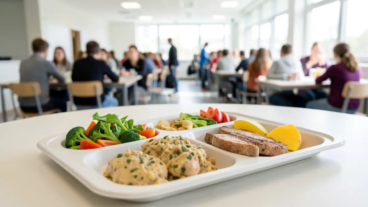 Image générique d'un plateau repas équilibré dans une cantine scolaire française.