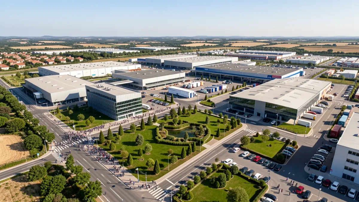 Aerial view of a large, modern economic and logistics hub in Perpignan.