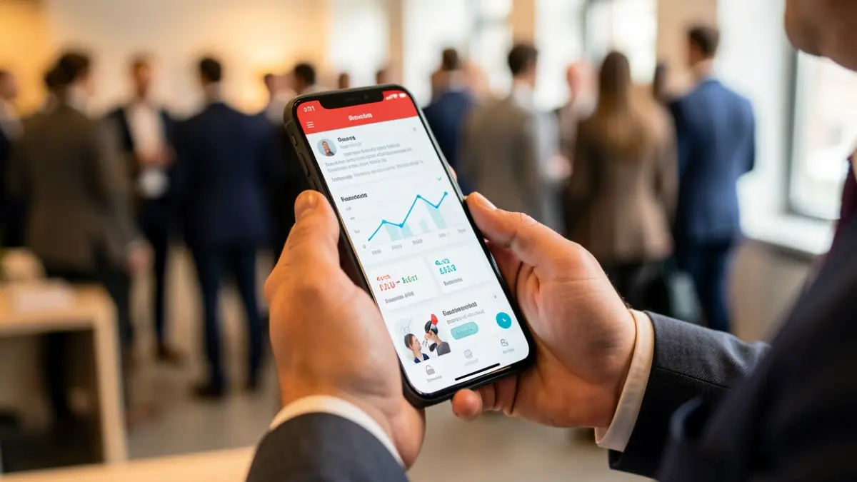 Generic image of a hand holding a smartphone displaying a health app, with a blurred office background.
