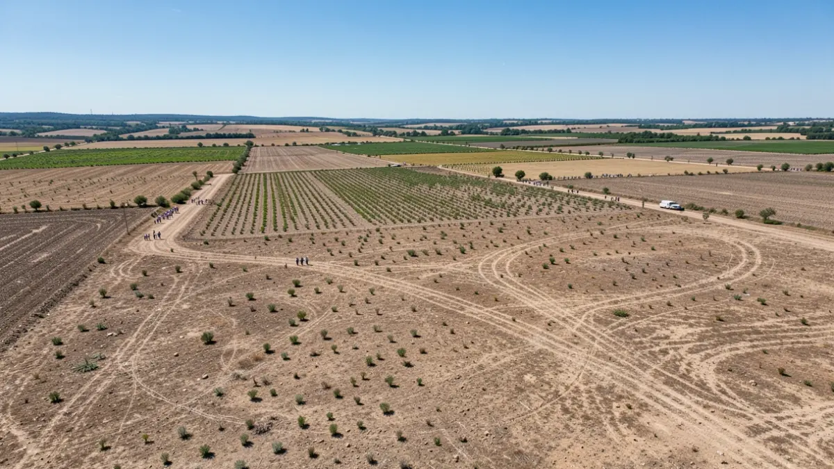 Image générique de vastes champs agricoles dans la région Occitanie, montrant des signes de sécheresse sous un ciel bleu.