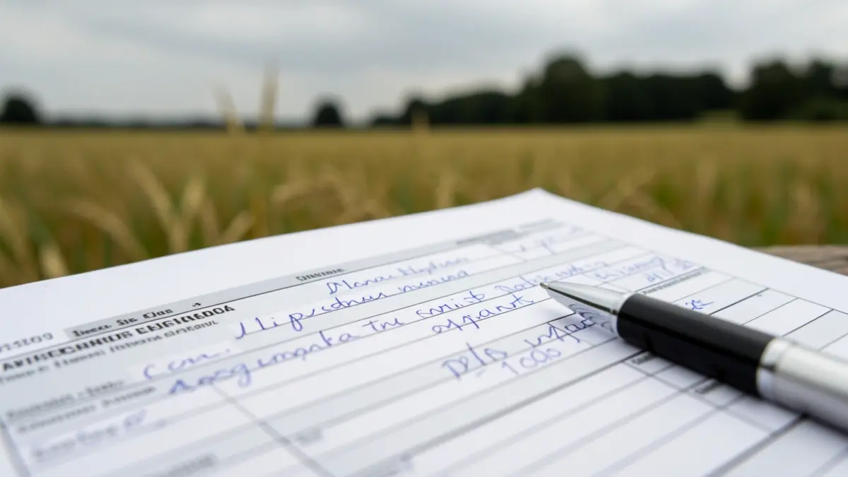 Generic image of a tax form with handwritten notes and a pen, in the context of agricultural financial procedures.