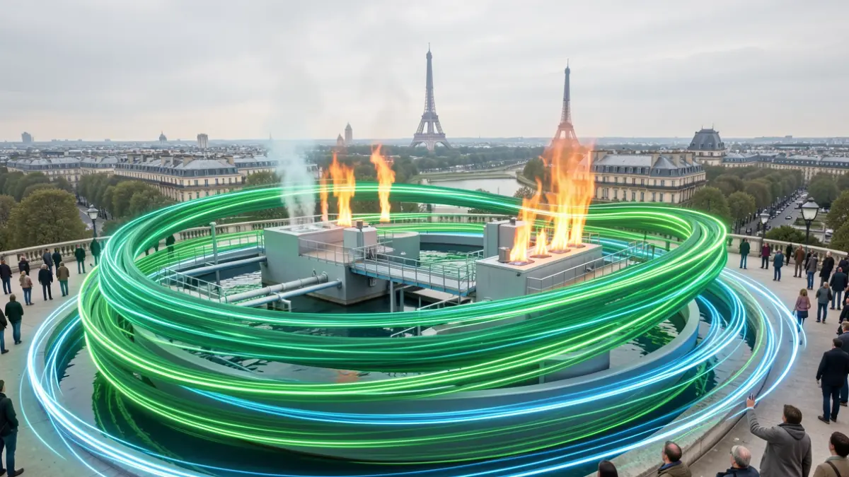 Image générique de courants d'énergie verte et de structures de traitement des eaux usées dans un paysage francilien.