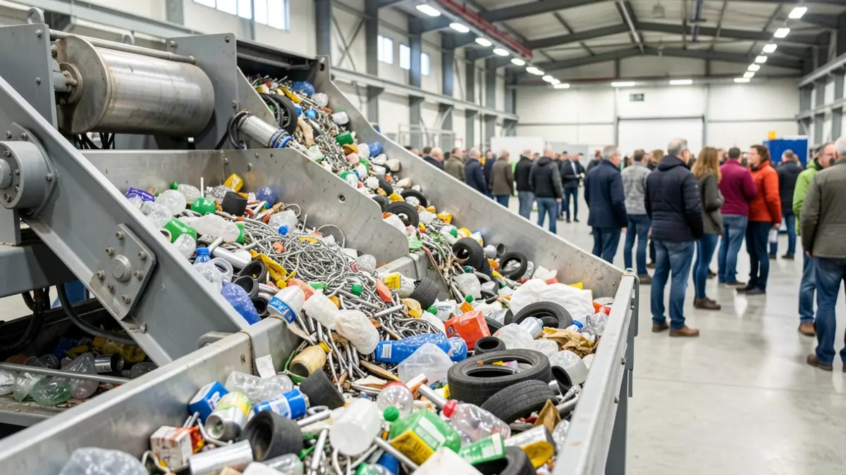 Image générique de machines industrielles de recyclage triant des matériaux comme le plastique, le métal et le caoutchouc.