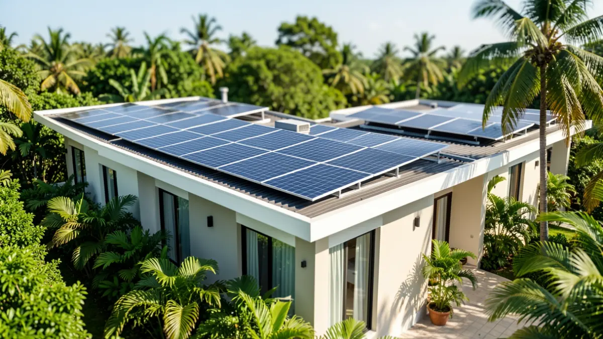 Solar panels installed on the rooftops of modern buildings in a tropical setting.