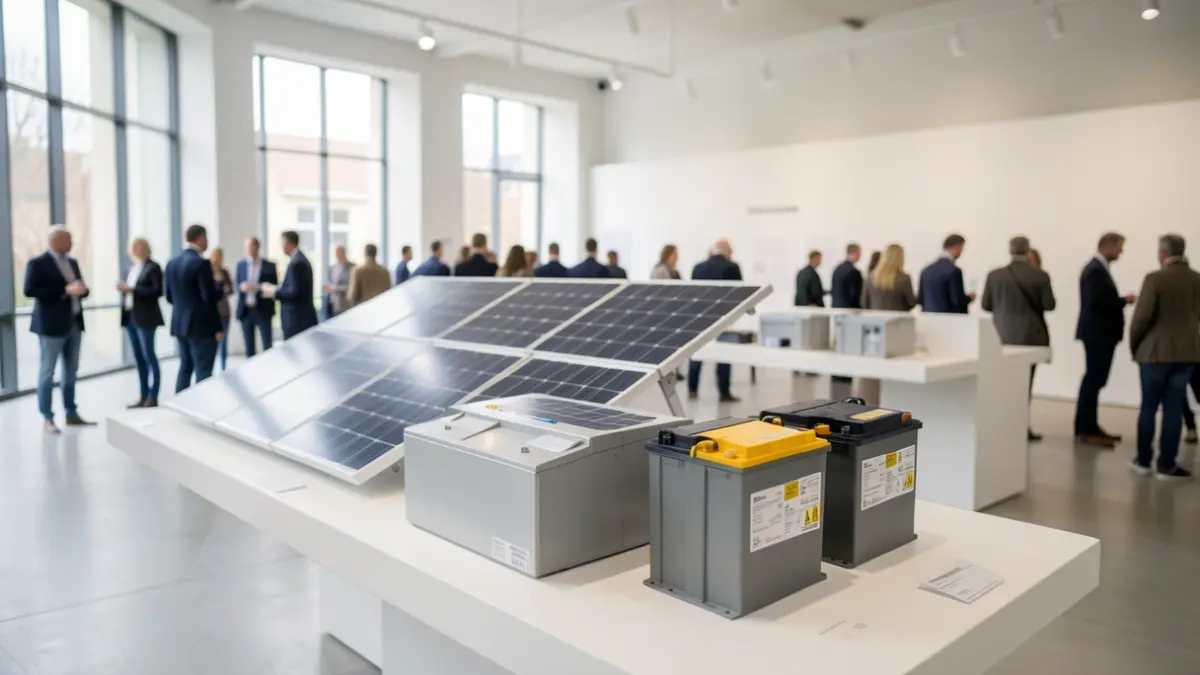 Image générique d'un hall d'exposition moderne avec des panneaux solaires et des unités de stockage de batterie.