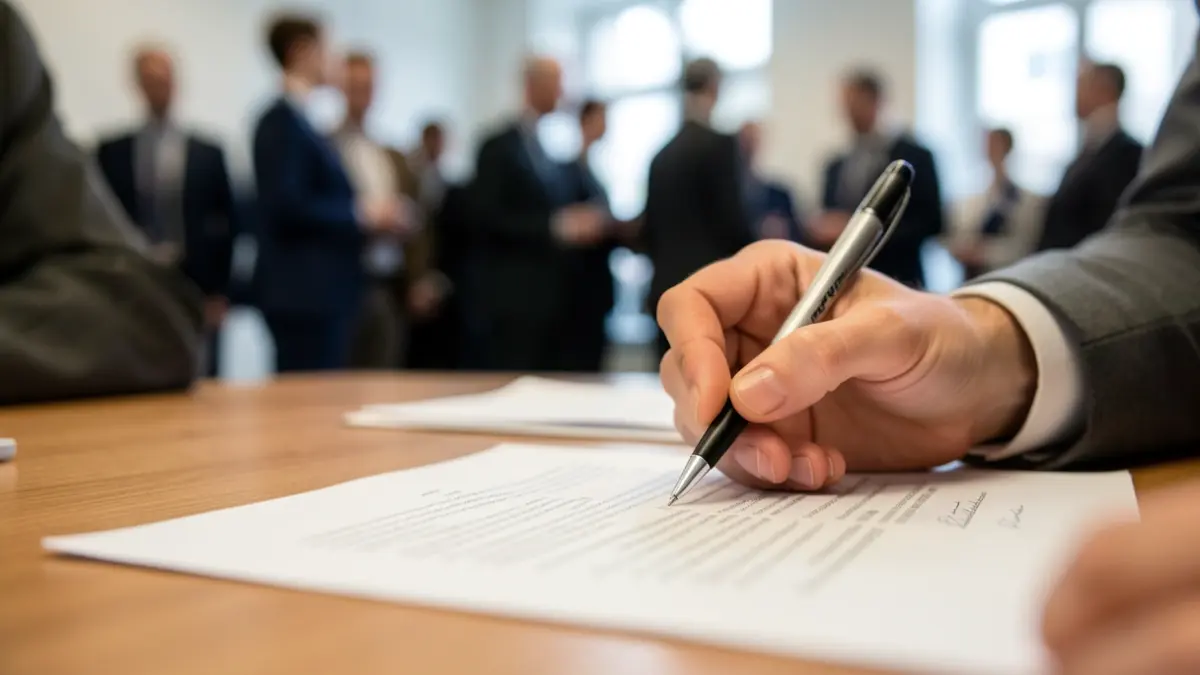 Image générique d'une main tenant un stylo au-dessus d'un document sur un bureau.
