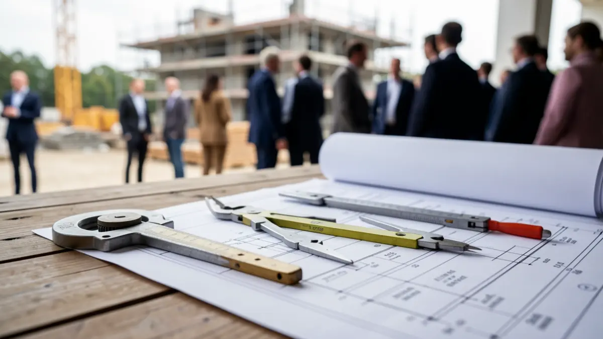 Image générique de plans de construction et d'outils de dessin industriel sur une table.