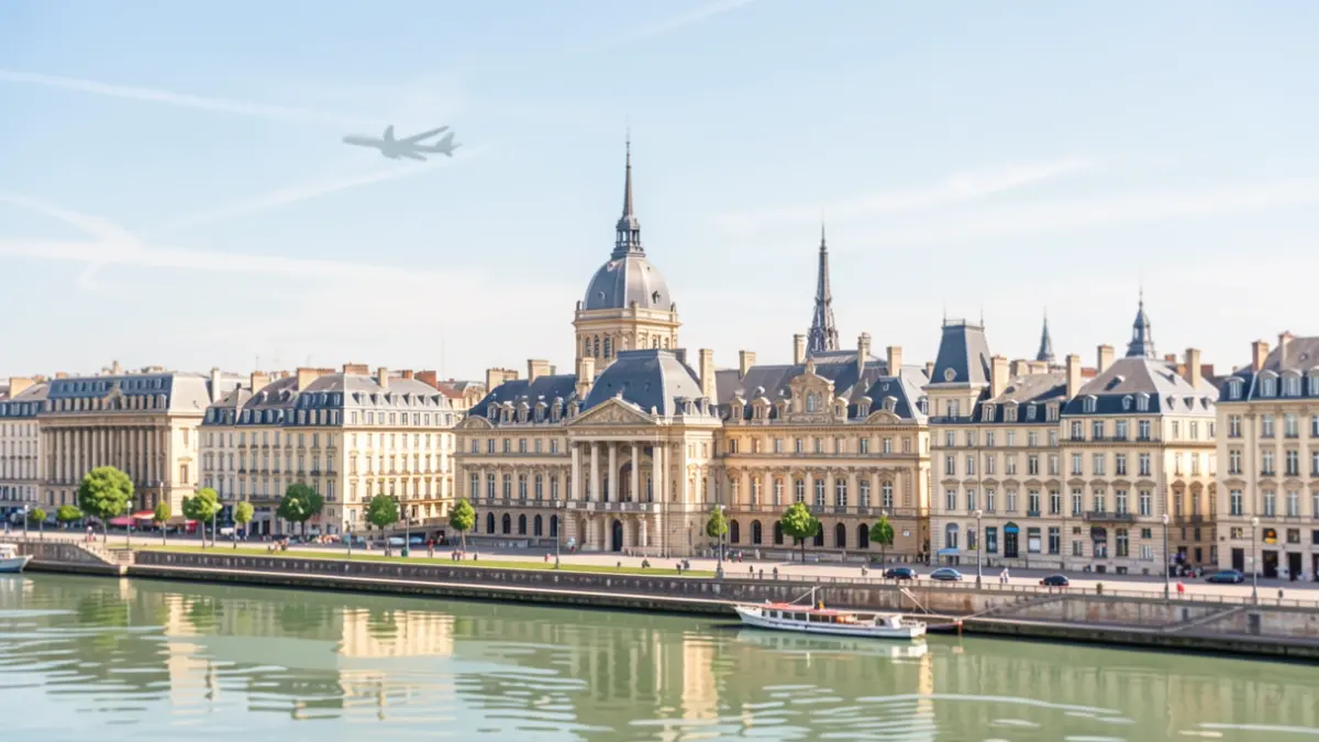 Generic image of a stylized illustration of the city of Bordeaux with an airplane in the sky.
