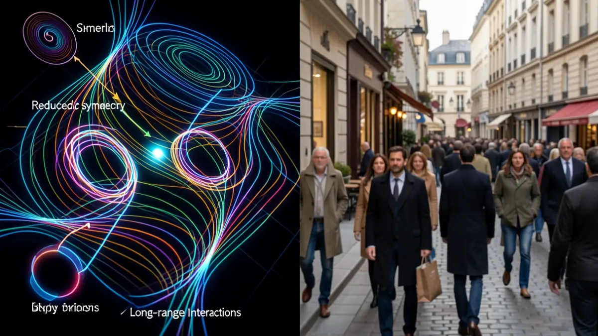 Generic image of complex magnetic spin textures, representing bimerons and skyrmions in a two-dimensional material, with abstract visual elements suggesting reduced symmetry and long-range interactions.