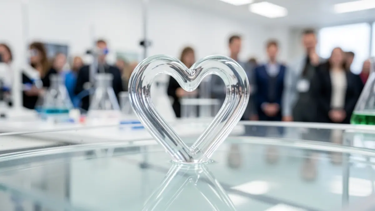 A floating heart in perfect equilibrium within a transparent liquid, illustrating a scientific experiment.