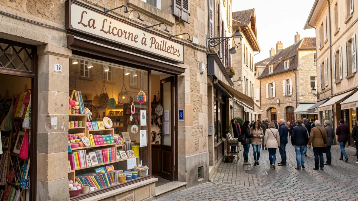 Shop window of the pop-up store 'La Licorne à Paillettes' in La Roche-sur-Foron, displaying colorful craft supplies.