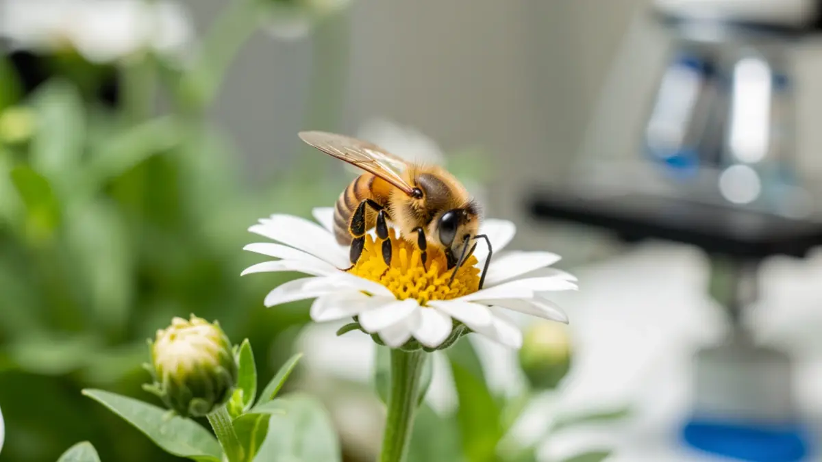 Image générique d'une abeille sur une fleur, avec un arrière-plan flou évoquant un cadre de recherche.