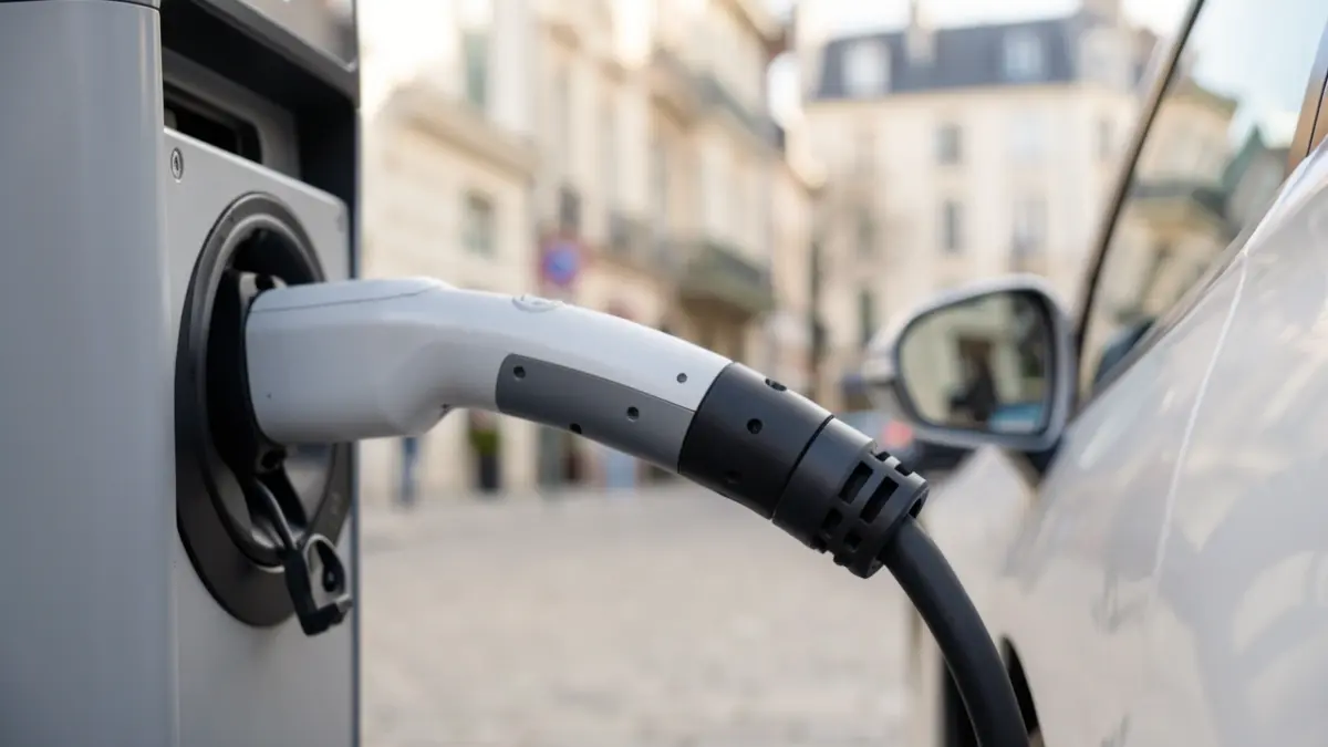 Image générique de la connexion d'un câble de recharge de voiture électrique à une borne, avec un arrière-plan urbain français flou.