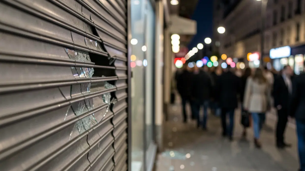 Image générique de vitrines brisées et de rideaux métalliques arrachés dans un environnement urbain nocturne, sans noms propres ni détails spécifiques.