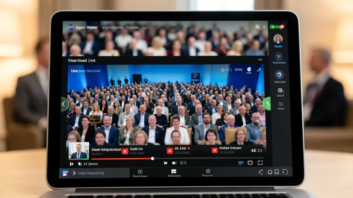 Interface de streaming vidéo sur tablette, montrant un événement en direct avec un public flouté.